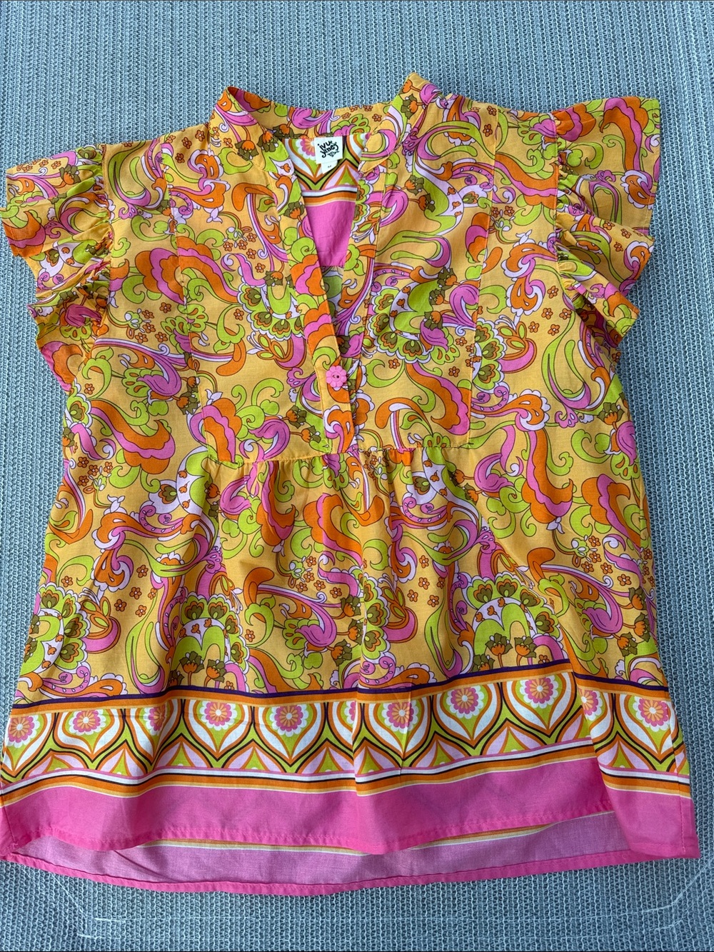 Vibrant Psychedelic Print Flutter Sleeve Blouse - Yellow Pink Orange